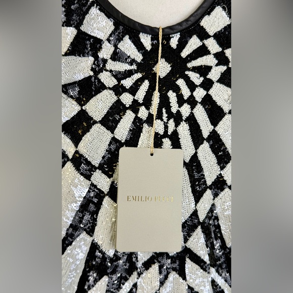 NWT EMILIO PUCCI SILK MINI DRESS WITH BLACK AND WHITE SEQUIN GEOMETRIC ORNAMENT - Picture 6 of 10